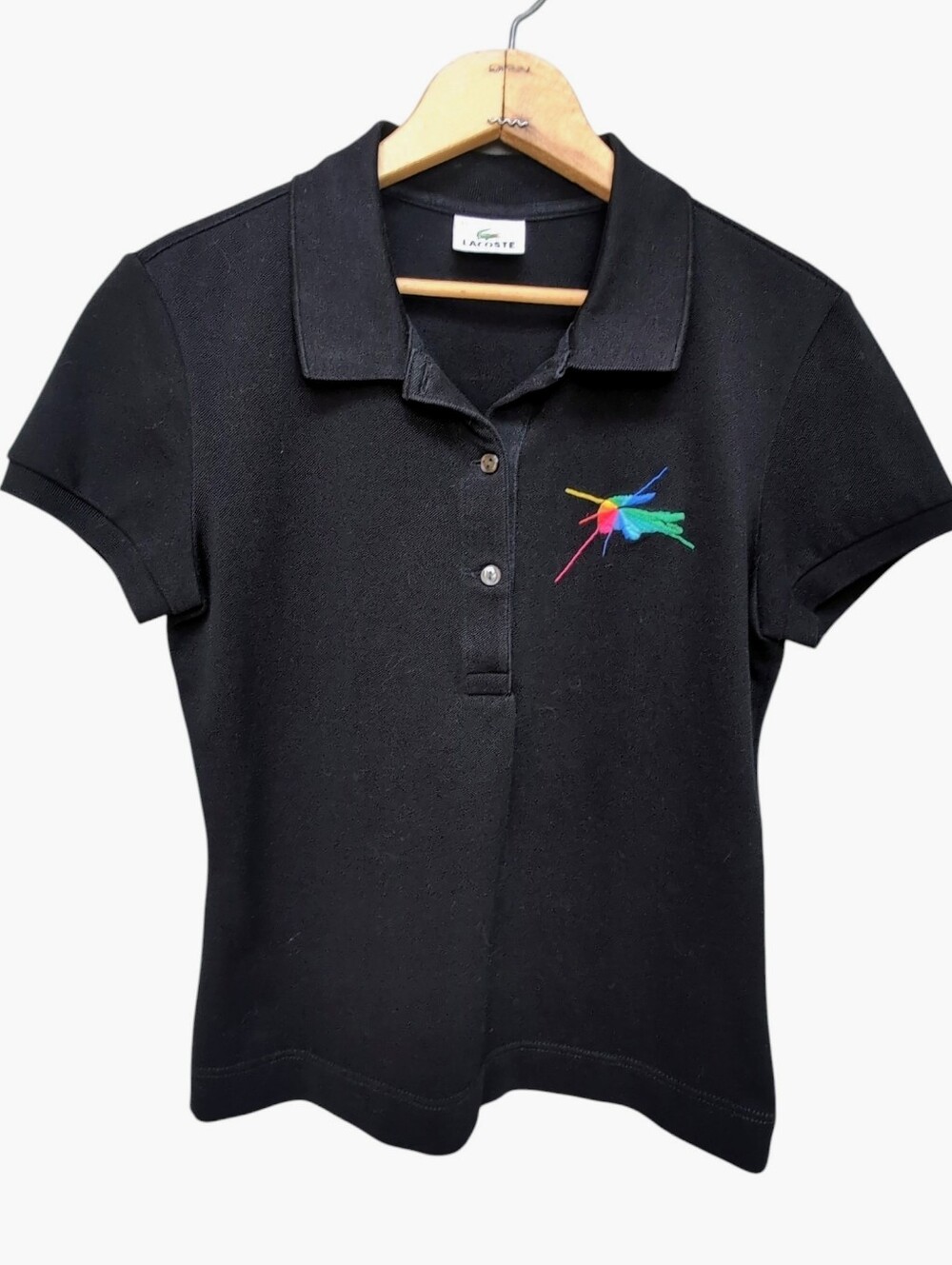 Vintage Lacoste Black Polo Bug Logo Slim Fit Women's FR Size 42 US 8 MEDIUM